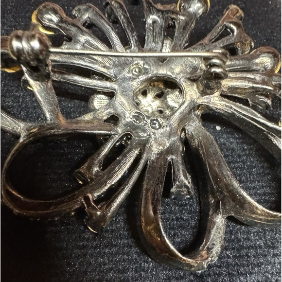 Vintage Rhinestone Starburst Flower Statement Brooch Black Champagne - Picture 11 of 14